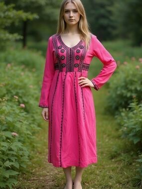Gorgeous Focus Boho V-Neck Embroidered Midi Dress in Pink
